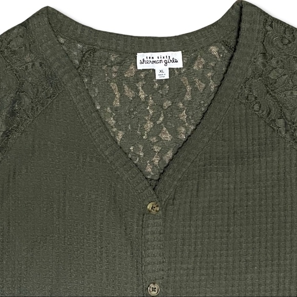 Cardigan Waffle Knit & Lace Olive Green Buttoned Top, Ten Sixty Sherman Girls - Picture 4 of 13